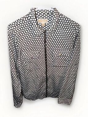 MICHAEL Michael Kors Polka Dot Zip Front Blouse Black White L Long Sleeve